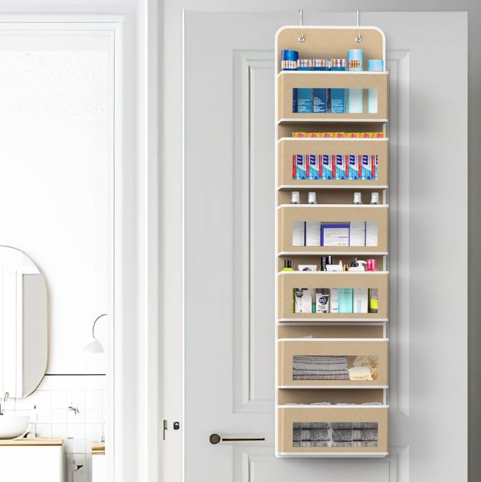 Simple Houseware 6 Clear Window Pocket Over Closet Door Storage Hanging Organizer for Bedroom, Bathroom, Pantry, Beige