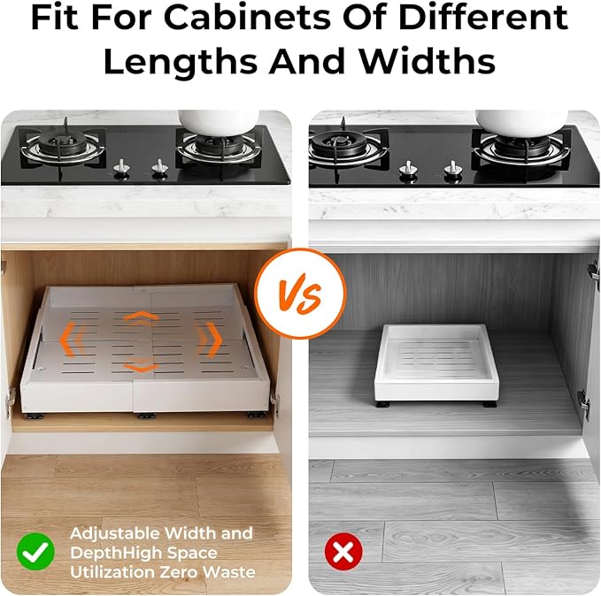 UFORU Pull Out Cabinet Organizer,4-Side Expandable Slide Out Drawer with 3 Rails, Adjustable Width 11.4"-18.9" & Depth 16.3"-21.7", No Drill Adhesive or Nail Fixed Roll Out Shelves for Kitchen, Pantry