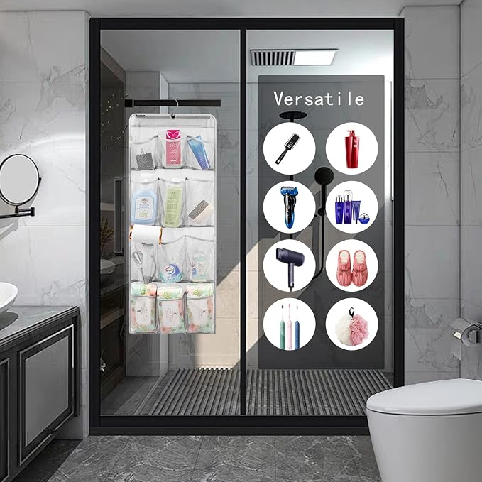 Mesh Shower Organizer Hanging Caddy Quick Dry Bathroom Storage for Toiletry Accessories with Rotating Hanger (12 Pockets)