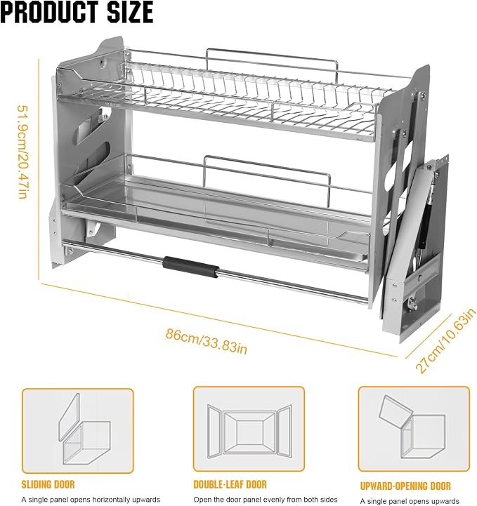 2-Tier Pull-down Storage Lift Cabinet Wall Cupboard Lifting Basket 304 Stainless Steel 22-34 Inch Width for Snacks Bowls Plate (900)