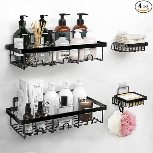 Adhesive Shower Caddy 4-Pack, Rustproof Stainless Steel Shower Organizer, Shower Shelves for Inside Shower Storage, Heavy-Duty No-Drill Rack with Built-in Hooks for Bathroom & RV