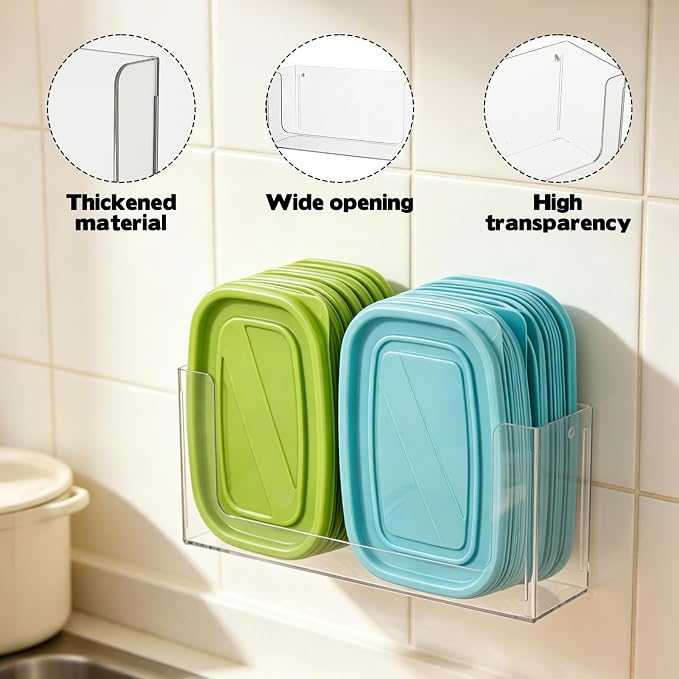 Rainmae 2 Pack Cabinet Door Organizer, Lid Organizer Inside Cabinet Wall Mounted Plastic Storage Box Stackable Under Sink Lunchbox Lid Container for Kitchen Bathroom Office Organization