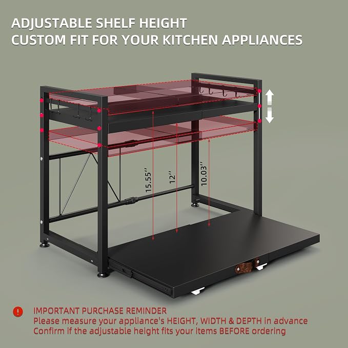 NETEL Expandable Microwave Stand,2 Tier Metal Kitchen Countertop Organizer Shelves with 8 Hooks,Bakers Rack,Pull-Out Microwave Shelf,55lbs Weight Capacity,Black
