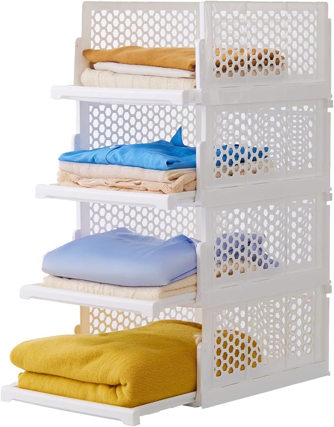 Pull-out Plastic Storage Basket,Stackable Closet Organizers Drawer Anti-Tipping, Reinforced Stable Shelf Container for Bathroom Laundry Room Storage, Space-Saving Clothes Storage (white, Large-4pcs)