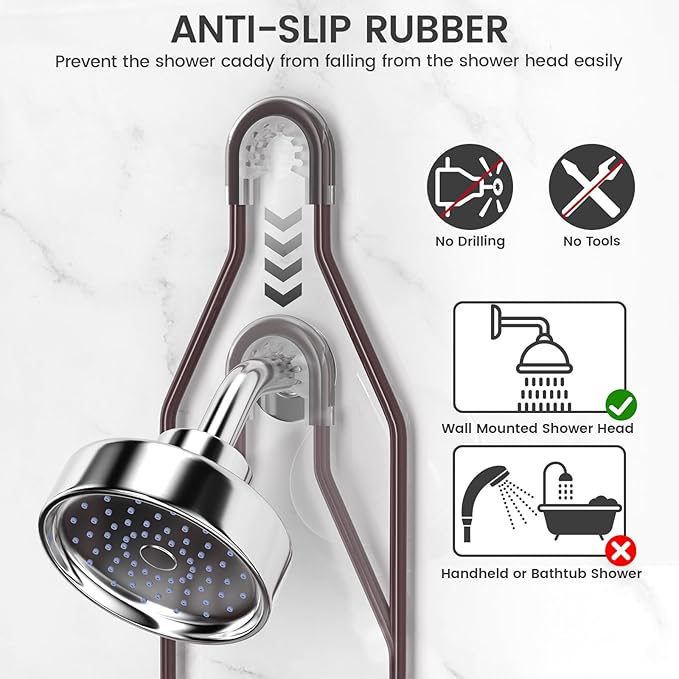 REINHARDT Shower Caddy Hanging Adjustable, Extended Length Rustproof Showers Caddy Over Showerhead with Hooks Soap Holder, Large Capacity Shower Organizer Anti-Swing Bathroom Organizer, Bronze