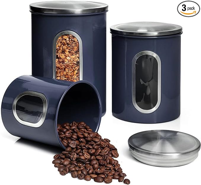 Mixpresso 3-Piece Blue Canisters Sets For The Kitchen, Airtight Canister Set With See Through Window, Storage Jars for Coffee Container, Tea Organizer & Sugar Canister, Blue Kitchen Canisters