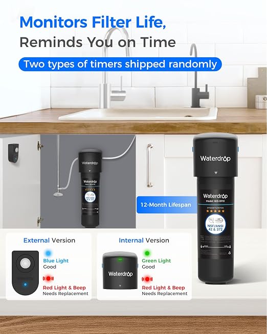 Waterdrop 10UB-B Under Sink Water Filter System, Reduces PFAS, PFOA/PFOS, Lead, Chlorine, Bad Taste & Odor, NSF/ANSI 42 Certified, Under Sink Water Filter with Black Faucet, 1 Year