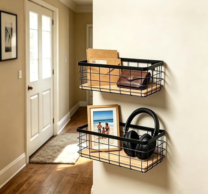 ShabbyDecor Metal Wire Basket Detachable Wood Base Storage Organizer Farmhouse Hanging Basket for Kitchen Cabinets, Bathroom, Pantry, Laundry Room Set of 2,Black Color