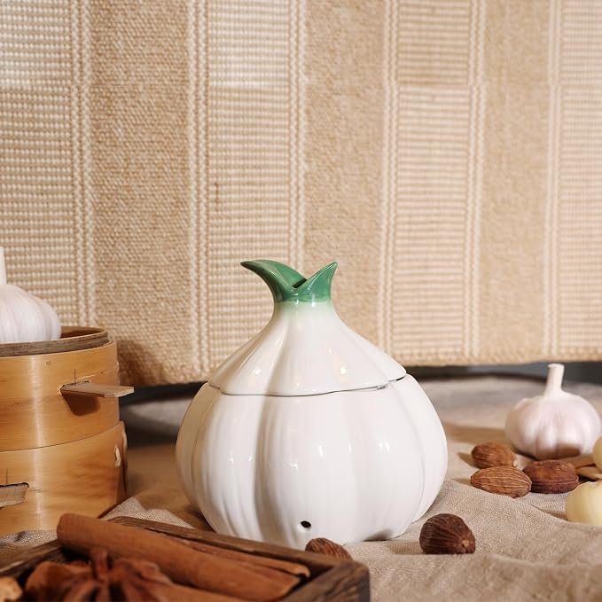 TOIVO Garlic Keeper for Counter，with Lid and Holes GarlicSaver,Garlic Holder Storage Container toKeep (white)