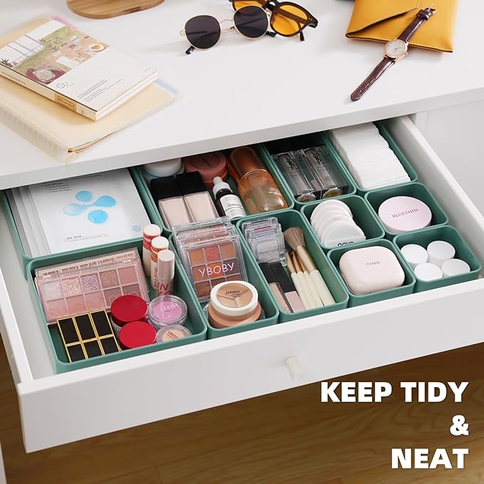 CHANCETSUI 11-Piece Stackable Drawer Organizer Set, Multi-size Desk Drawer Organizer Trays Vanity Storage Bins for Storing Makeup, Stationery, Utensils in Bathroom Dresser, Office and Kitchen
