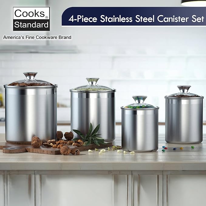 Cooks Standard Classic Stainless Steel Food Jar Storage Canister Set Large, Airtight Containers with Glass Lid for Tea Coffee Sugar Flour Pantry Kitchen Counter, 4-Piece
