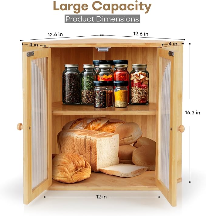 Corner Bread Box for Kitchen Countertop, Double Layer Bamboo Bread Storage Container for Homemade Bread, Large Capacity Bread Holder with 3 Adjustable Height for Counter, Natural
