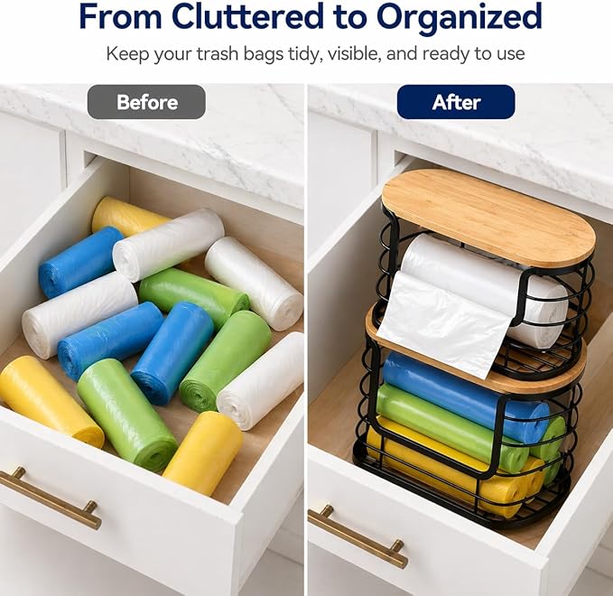 REFGY 2-Pack Multi-Purpose Trash Bag Holder & Stackable Kitchen Storage Organization Bins (11.02" x 6.69"), Protective Wire Basket with Natural Fiber Top, Versatile Garbage Bag Dispenser Under Sink