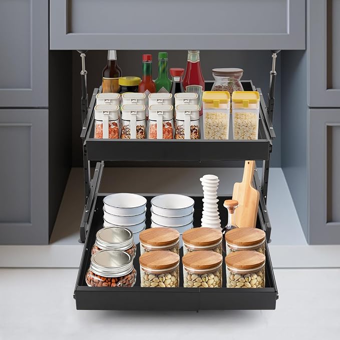 2-Tier Pull Out Cabinet Organizer, Slide Out Drawers with 2 Guide Rails, No Drill Pull Out Drawers Cabinets Shelves for Home Kitchen Pantry (Black)