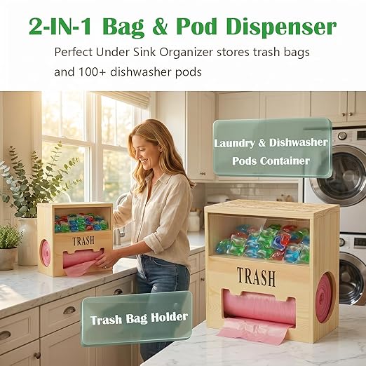 2-in-1 Trash Bag Dispenser & Dishwasher Laundry Pods Container, Large Wooden Trash Bag Holder with Magnetic Flip Lids, Garbage Bag Dispenser for Kitchen Pantry Laundry Room Under Sink Organizer