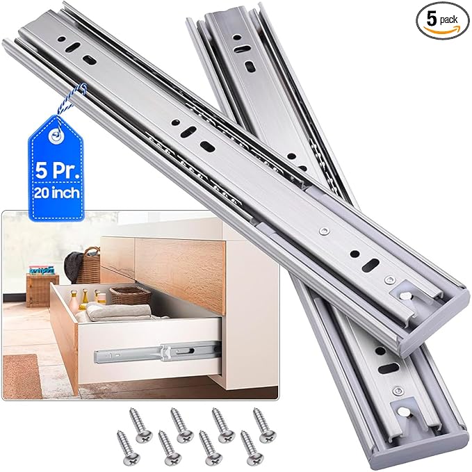 Soft Close Stainless Steel Drawer Slides 5 Pairs Full Extension 10 12 14 16 18 20 22 24 inch Side Mount Dresser Cabinet Replacement Ball Bearing Rails Runner 100LB (Stainless soft close 20Inch)