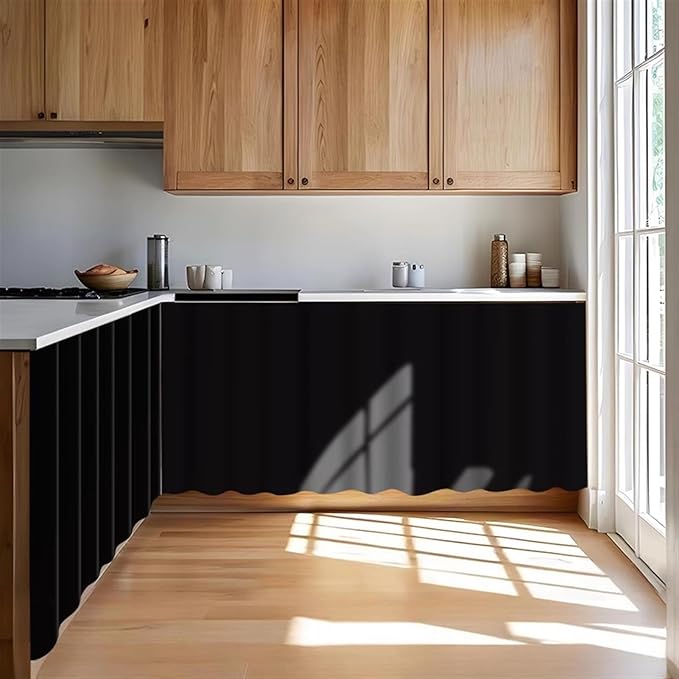 Under Sink Curtain for Closet, Privacy Short Cabinet Curtain Self Stick Adhesive Desk Skirt for Kitchen Classroom, Black, 39" W x 28" L