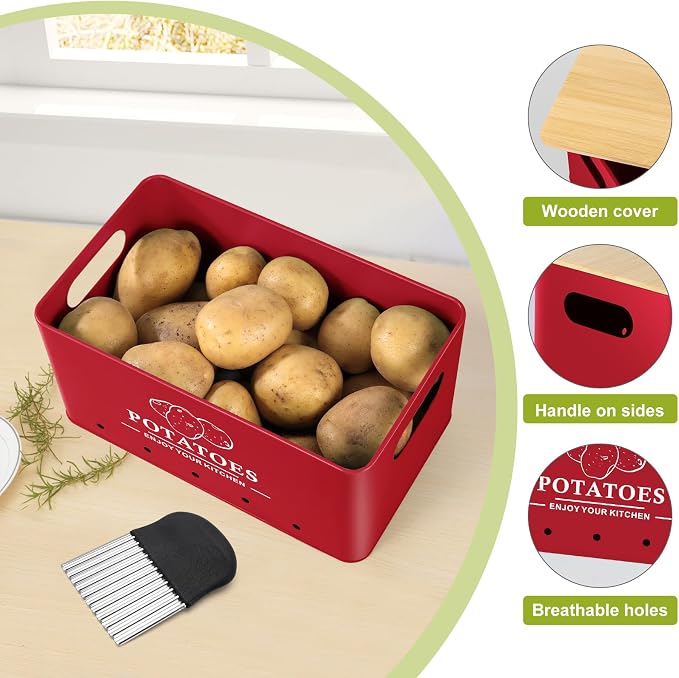 Kitchen Vegetable Storage Set of 3, Metal Onion Garlic Potato Storage Set, Kitchen Canisters Vegetable Keeper Containers with Aerating Holes and Wooden Lid (Red)