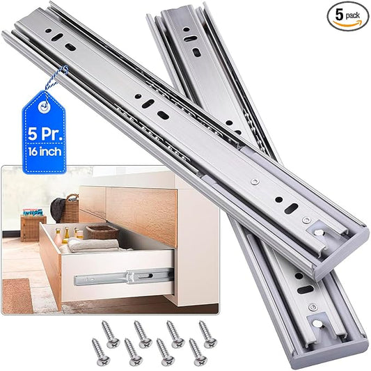 Soft Close Stainless Steel Drawer Slides 5 Pairs Full Extension 10 12 14 16 18 20 22 24 inch Side Mount Dresser Cabinet Replacement Ball Bearing Rails Runner 100LB (Stainless soft close 16Inch)