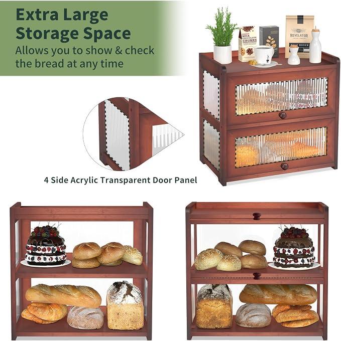 BAMBANG Extra Large Bamboo Bread Box for Kitchen Counter, Double Layer Bread Storage Container Farmhouse Bread Box with 4 Sides Transparency, Breadbox Bin Holder for Homemade Bread, Brown