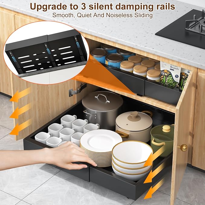 Expandable Pull Out Cabinet Organizer 16.5"Deep, 12.4-20.4" Slide Out Drawers for Kitchen Cabinet,Adjustable Cabinet Drawer for Pot/Pan,Pull Out Shelves Fixed with Adhesive Film or Screws(black)