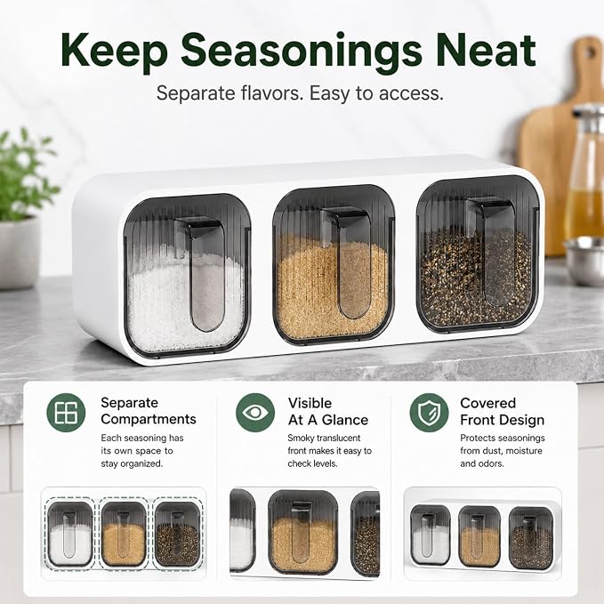 Wall Mounted Spice Box Organizer with Spoons, No Drill Kitchen Seasoning Containers for Salt Sugar Pepper, Pull Out Seasoning Storage Holder for Countertop Cabinet Pantry (White 3 Compartments)
