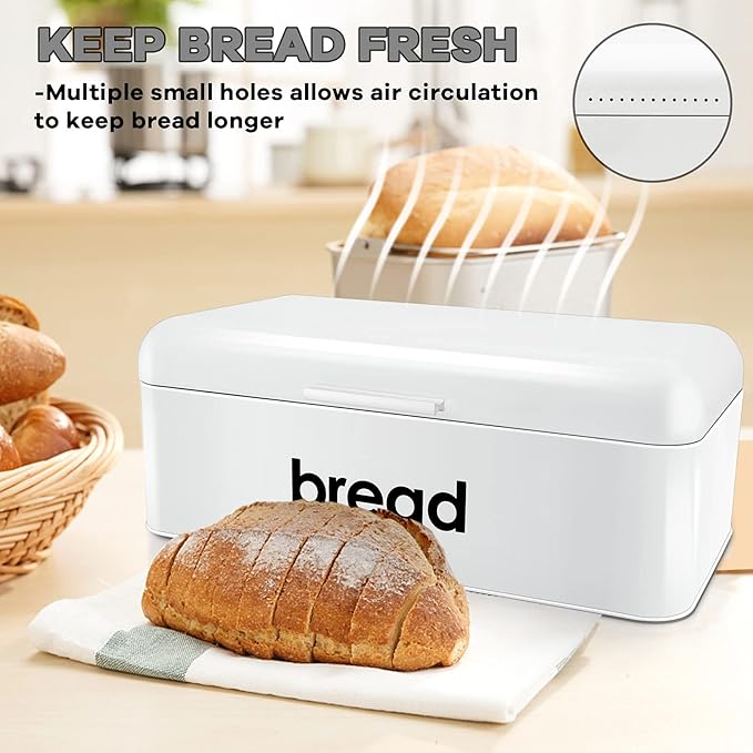 E-far Vintage Bread Box for Kitchen Countertop, White Metal Bread Storage Container Retro Bread Bin for Pastries/Loaves/Dry Food, Large Capacity & Modern Design (16.7” x 9” x 6.4”)