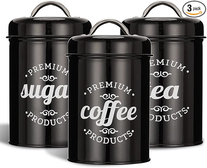 3 Piece Food Jars Canisters Sets, Airtight Coffee Container, Tea Organizer, And Sugar Canister, Rustic Farmhouse Decor for Kitchen Countertop (Black)