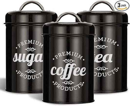 3 Piece Food Jars Canisters Sets, Airtight Coffee Container, Tea Organizer, And Sugar Canister, Rustic Farmhouse Decor for Kitchen Countertop (Black)