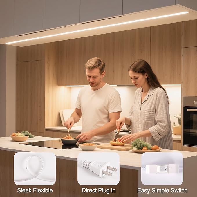 96inch Plug in Under Cabinet Lighting Strip for Kitchen, 120V Bright LED Under Counter Lights 6000k White Slim, Luces para Cocina Bajo Gabinete Under Shelf Wired Light for Sink/Workbench/Bookshelf