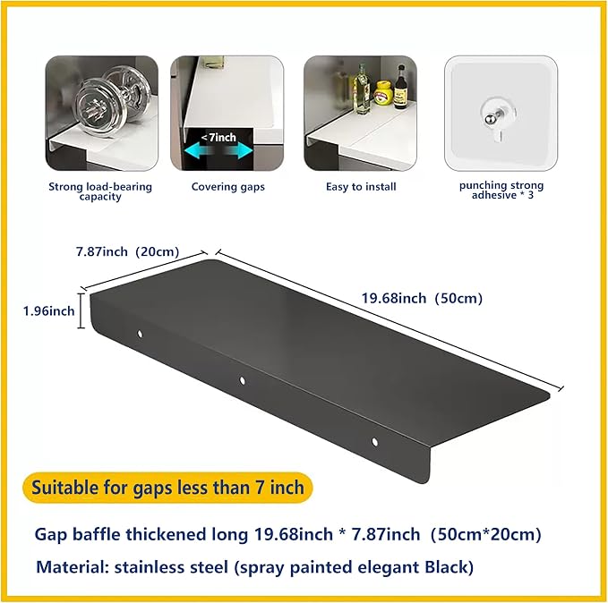 Metal Kitchen Refrigerator Gap Partition Side Panel For Crack Behind Refrigerator Kitchen Partition Panel No Drill Countertop Gap Extension Board(Black,19.68 * 7.87inch)