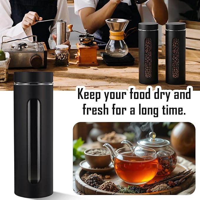 Mimorou 3 Pcs Stainless Steel Canister Set with Glass Windows Visible Storage Jars Silver Kitchen Canister Set for Pasta Flour Oat Sugar Container, Kitchen Tools, Housewarming Gifts(Black,60 oz)