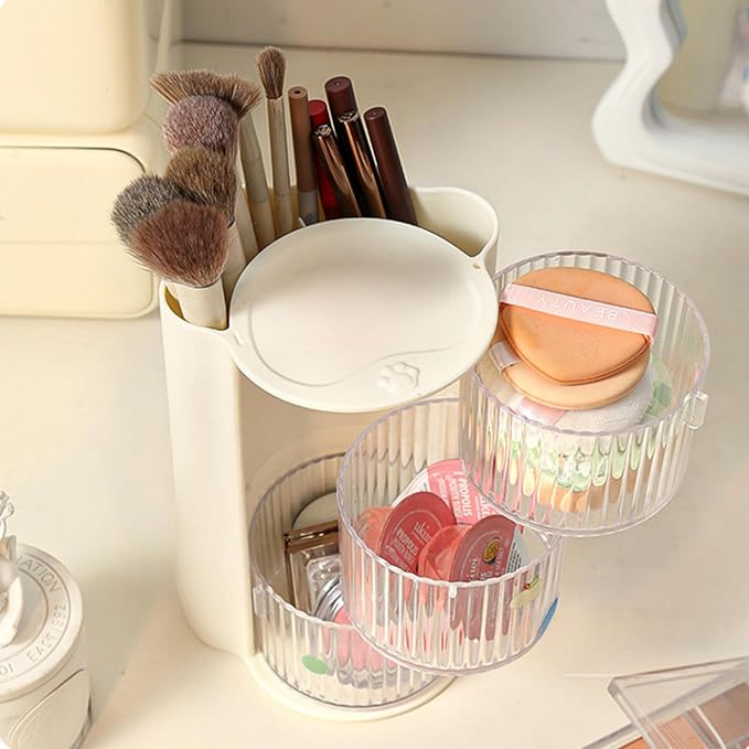 Hair Accessories Organizer with Hair Brush Holder, Rotatable Makeup Brush Holder for Necklaces, Earring, Bracelet, Ring, Makeup Brushes, Hair Clip and Hair Accessories (3 Layer Beige)