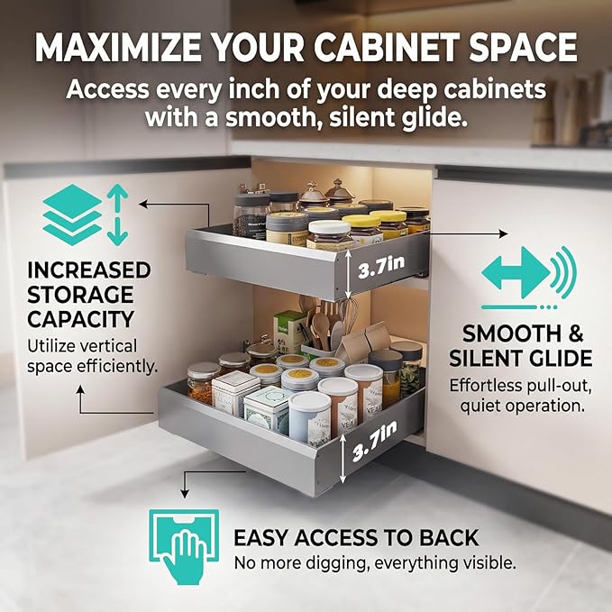 Blind Corner Cabinet Pull Out Organizer, Slide Out Kitchen Cabinet Organizer, Space Aluminum Pullout Shelves for Corner Cabinet, Under Sink Pull Out Storage for Pots and Pans