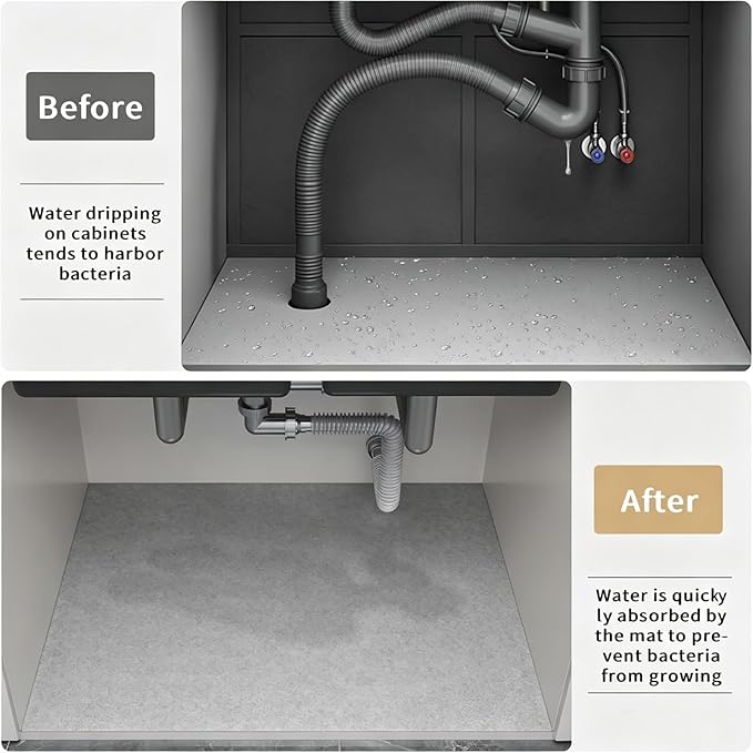 Under Sink Mats-35" x 24" (Cut-to-Fit) Absorbent Shelf Liner for Kitchen&Bathroom Cabinets | Non-Slip, Quick-Dry Cabinet Liner for Under Sink, Vanity & Utility Storage (Light Grey,35''x24'')