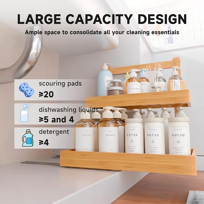2-Tier Under Sink Pull Out Organizer, Bamboo Cabinet Storage Shelf with Adjustable Height, Slide Out for Kitchen Bathroom Pantry (Natural, 1 Pack)