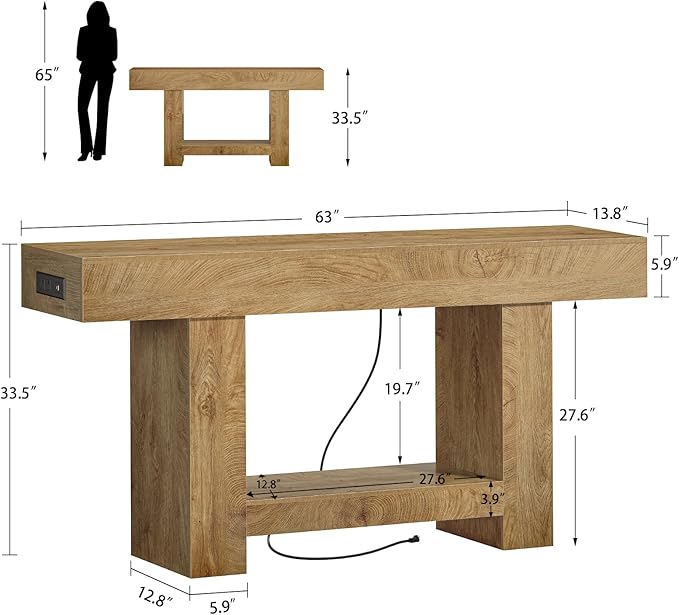 63" Long Console Table, Entryway Table with Charging Station and Adjustable LED Light, 2-Tier Sofa Table, Behind The Couch Table, Farmhouse Narrow Console Tables for Entryway, Living Room, Hallway