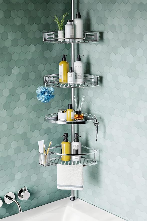 HAMITOR Corner Shower Caddy Tension Pole: Quick Installation 4-Tier Rustproof Bathroom Organizer Shelves for Bathtub Shampoo Storage - 47-121 inch Adjustable Floor Standing Bath Rack Holder - Silver