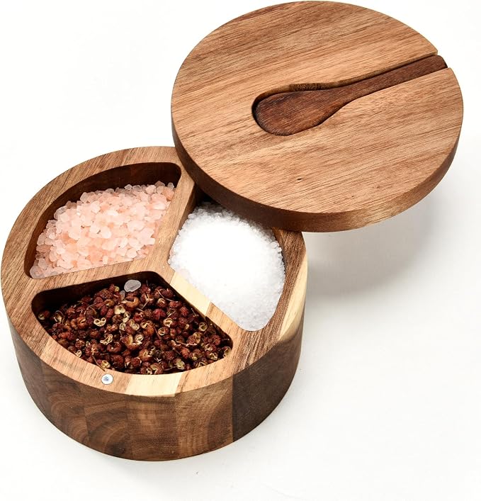 Wood Salt and Pepper Box, 3 Compartment Salt and Pepper Cellar With Lid and Spoon,Spice Condiment Container for Kitchen Countertop