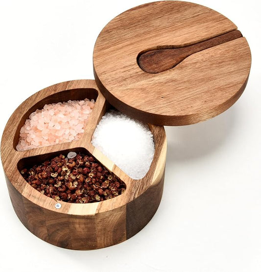 Wood Salt and Pepper Box, 3 Compartment Salt and Pepper Cellar With Lid and Spoon,Spice Condiment Container for Kitchen Countertop