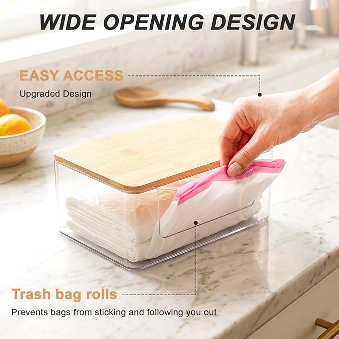 1 Pack Trash Bag Holder, Stackable Garbage Bag Dispenser with Bamboo Lid – Clear Plastic Organizer, Space-Saving Under Sink Storage for Kitchen, Laundry Room, Pantry & Cabinet