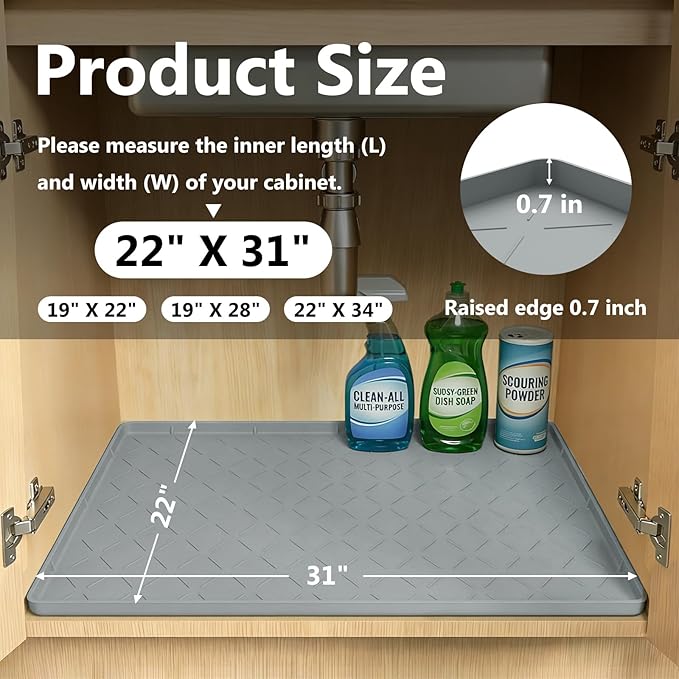 Mateeylife Under Sink Mats for Kitchen Waterproof 31"X22", Undersink Protectors，Silicone Mat Cabinet Liner, Under Sink Organizer for Bathroom and Kitchen，Boot Tray Pet Food Mat, Light Grey
