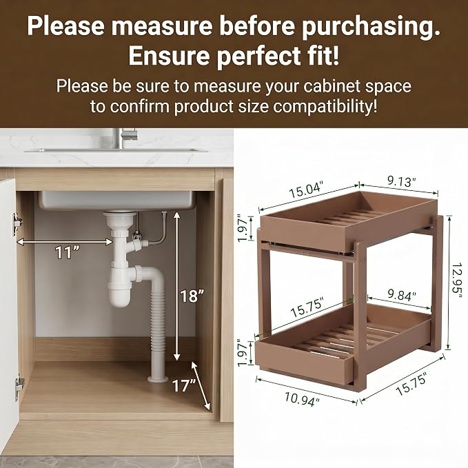 Bamboo Under Sink Storage 2 Tier Pull Out Cabinet Organizer Slide Out Under Sink Storage Shelf Undersink Organizers Shelves for Kitchen Bathroom Organization (Brown, 2 Pack)