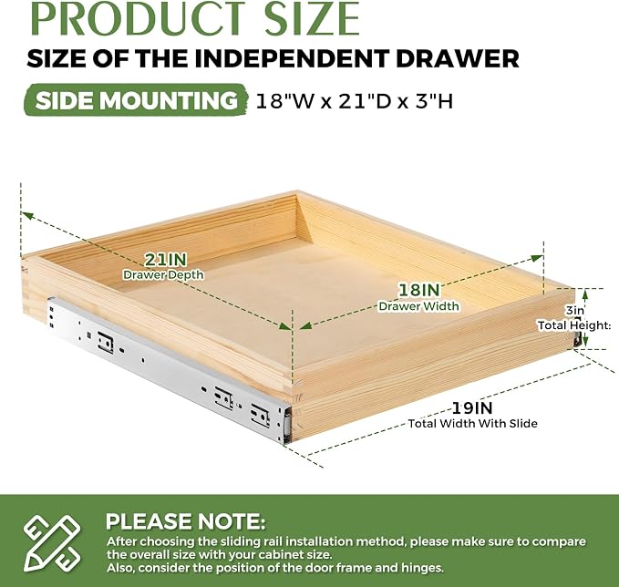 Wooden Pull Out Cabinet Organizer for Kitchen Fully Assembled 18" W x 21" D x 3" H Solid Wood Drawer with Soft Close Slides Bottom or Side Mount for Pantry Bathroom Bedroom Dining Room Storage