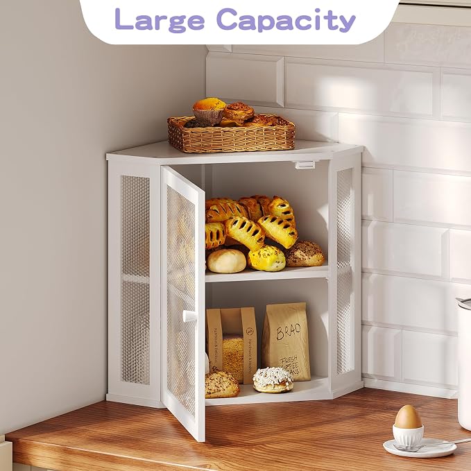 Bamboo Bread Box with Acrylic Window Display, Kitchen Countertop Storage,(White, Medium)