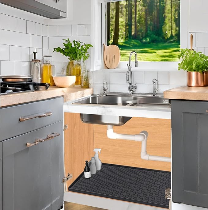 Under Sink Mat 28 x 19 for Kitchen Waterproof, Silicone Under Sink Liner, Bathroom Kitchen Cabinet Protector Mat, Easy to Clean Cabinet Mat Organizers and Storage, Black