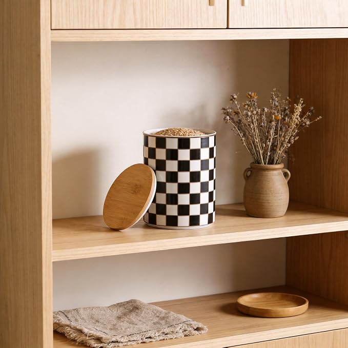 Kitchen Countertop Ceramic Checkered Canisters,Black And White Food Storage Containers With Lid,Airtight Kitchen Canisters for Flour, Sugar, Coffee, Tea, and Dry Goods (Black, XL)