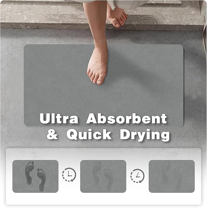 TYUU Bathroom Mat Quick Dry, Bathroom Rugs Non Slip Washable Thin Absorbent Bath Mat Fits Under Door Bathroom Floor Mat Perfect for Bath, Shower, or Sink 24"x60" Light Grey