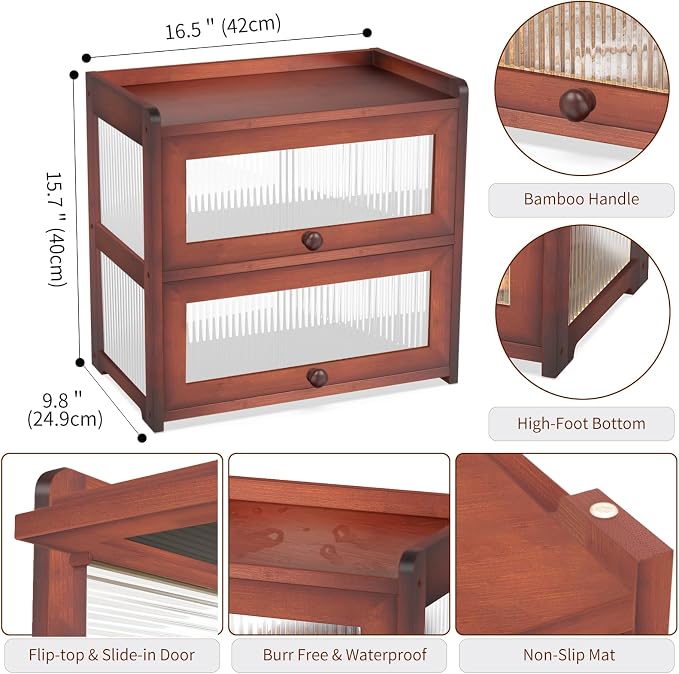 BAMBANG Extra Large Bamboo Bread Box for Kitchen Counter, Double Layer Bread Storage Container Farmhouse Bread Box with 4 Sides Transparency, Breadbox Bin Holder for Homemade Bread, Brown