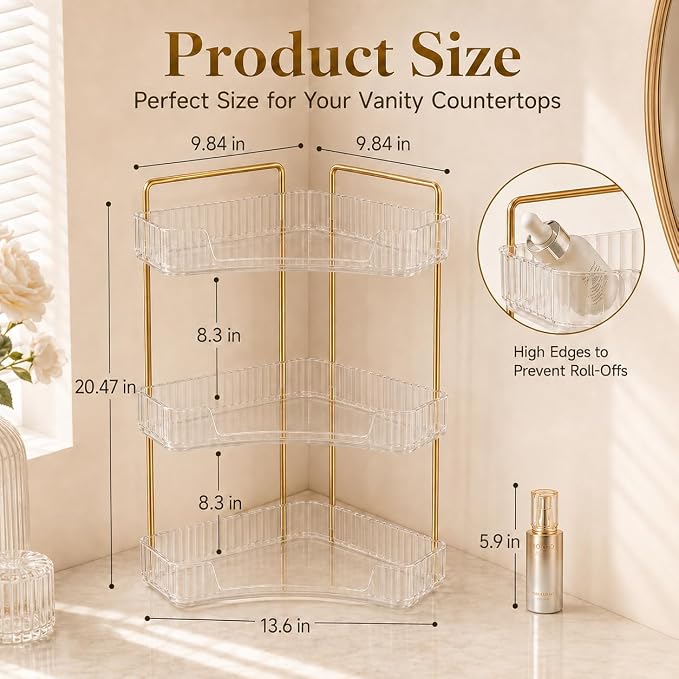 Ceruaxb 3-Tier Corner Bathroom Counter Organizer, Plastic Countertop Makeup Organizer, Large Capacity Vanity Bathroom Perfume Shelf Rack for Kitchen Office Desktop (Clear)